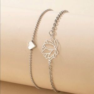 2pc Silver Lotus/Heart Charm Anklets